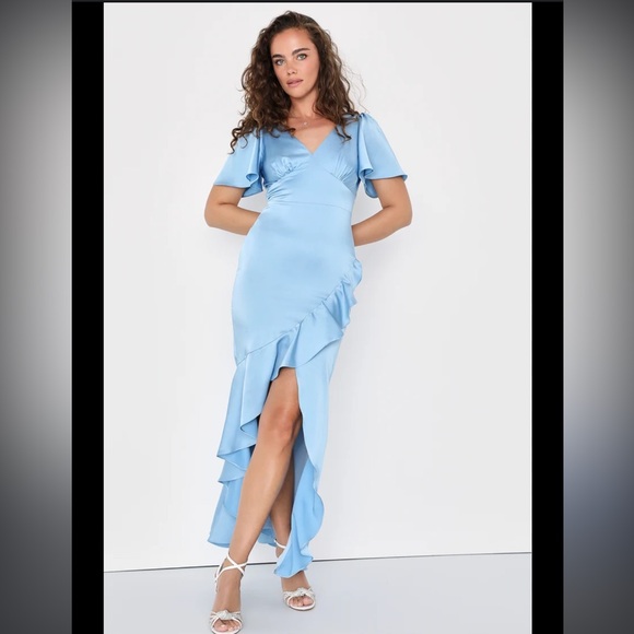 Lulus Chic Ruffled Maxi Dress Eternal Satin Light Blue Flutter Sleeve Gown Sz M - Picture 1 of 8